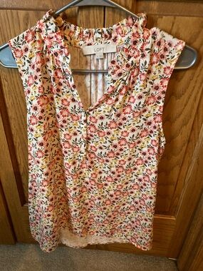 LOFT Floral Ruffle V-Neck Sleeveless Top in Cream, Coral and Mustard